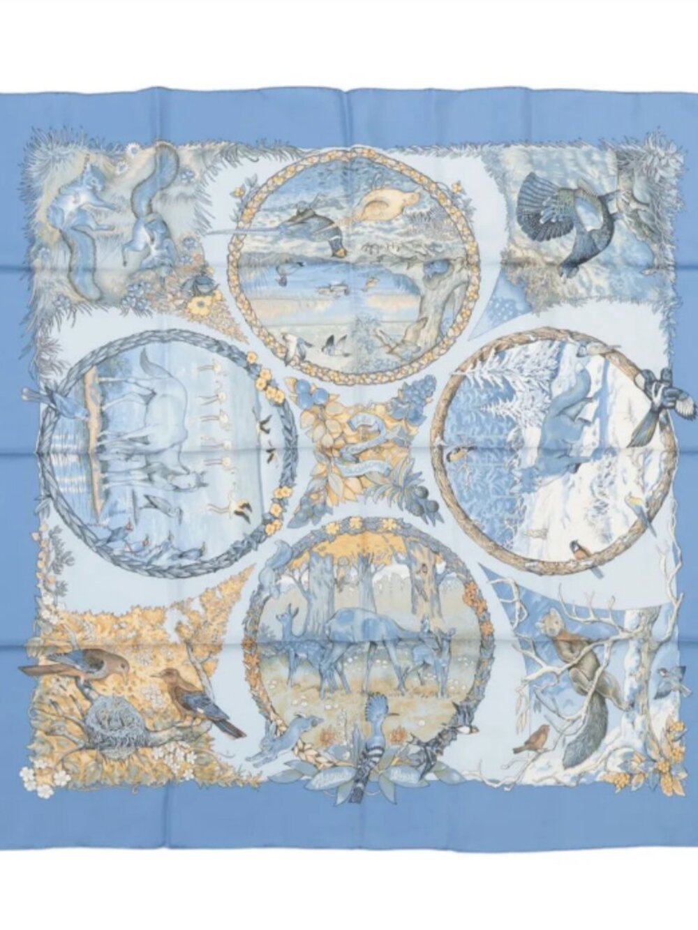Hermès Carré 90 Les Quatre Saisons Four Seasons Silk Scarf Light Blue